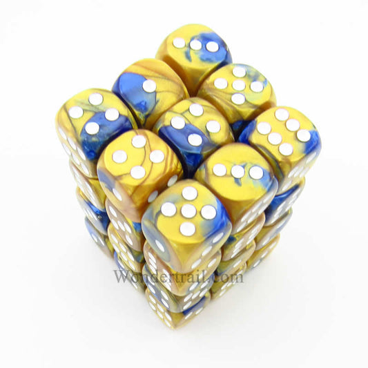CHX26822 Blue Gold Gemini Dice White Pips D6 12mm (1/2in) Pack of 36 Main Image