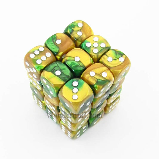 CHX26825 Gold Green Gemini Dice White Pips D6 12mm (1/2in) Pack of 36 Main Image