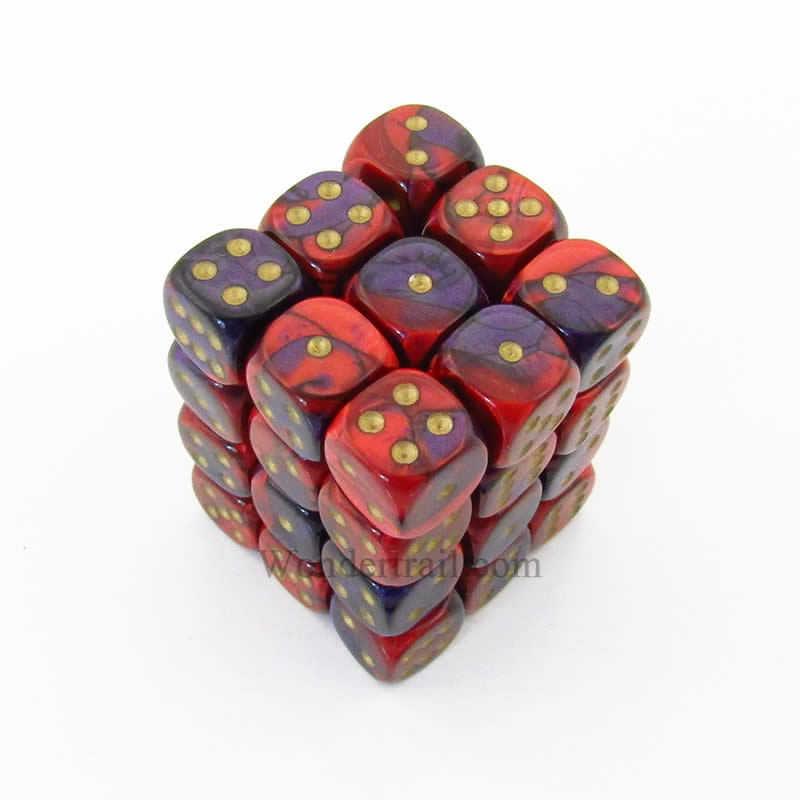 CHX26826 Purple Red Gemini Dice Gold Pips D6 12mm (1/2in) Pack of 36 Main Image