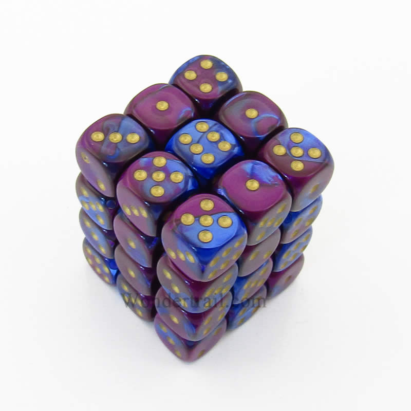 CHX26828 Blue Purple Gemini Dice Gold Pips D6 12mm (1/2in) Pack of 36 Main Image