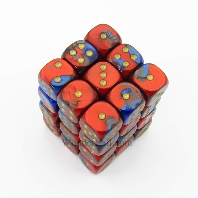 CHX26829 Blue Red Gemini Dice Gold Pips D6 12mm (1/2in) Pack of 36 Main Image