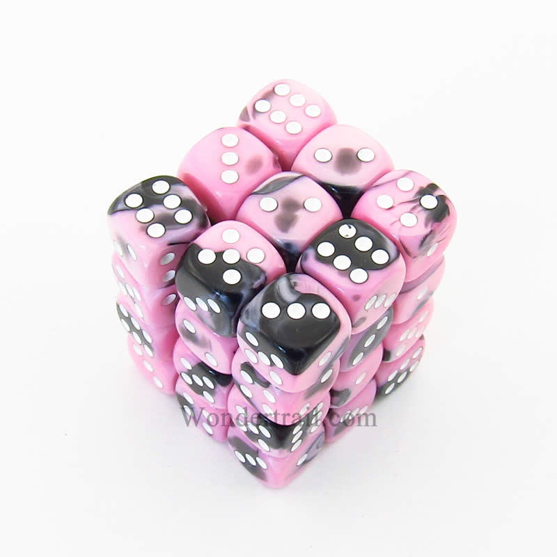 CHX26830 Pink Black Gemini Dice White Pips D6 12mm (1/2in) Pack of 36 Main Image