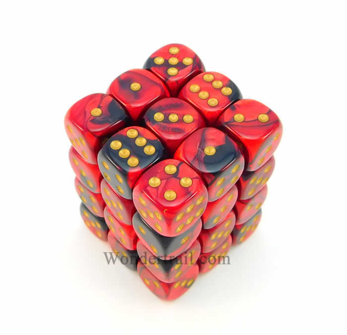 CHX26833 Black Red Gemini Dice Gold Pips D6 12mm (1/2in) Pack of 36 Main Image