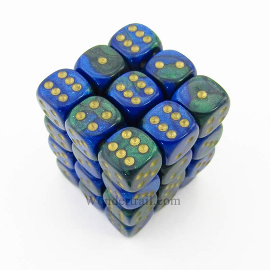 CHX26836 Blue Green Gemini Dice Gold Pips D6 12mm (1/2in) Pack of 36 Main Image