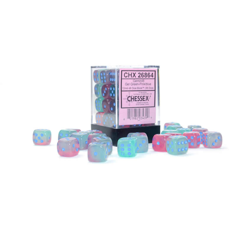 CHX26864 Gel Green and Pink Gemini Luminary Dice with Blue Pips D6 12mm (1/2in) Pack of 36 Main Image