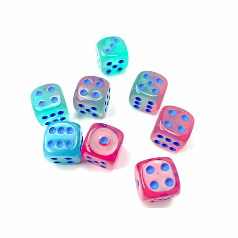 CHX26864 Gel Green and Pink Gemini Luminary Dice with Blue Pips D6 12mm (1/2in) Pack of 36 2nd Image