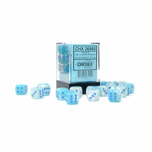 CHX26865 Turquoise and White Gemini Luminary Dice with Blue Pips D6 12mm (1/2in) Pack of 36 Main Image