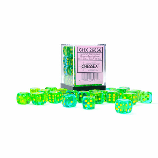 CHX26866 Green and Teal Gemini Translucent Dice with Yellow Pips D6 12mm (1/2in) Pack of 36 Main Image