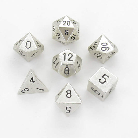 CHX27021 Metal Silver Colored Dice Black Numbers 16mm (5/8in) Set of 7 Main Image