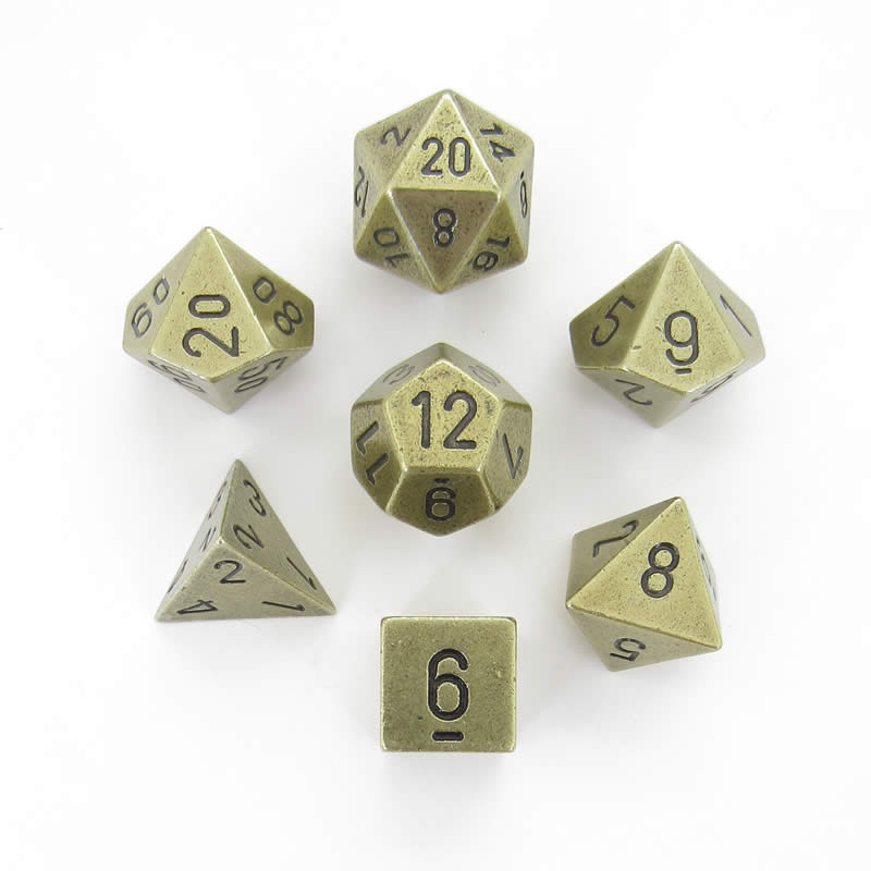 CHX27023 Metal Old Brass Colored Dice Black Numbers 16mm (5/8in) Set of 7 Main Image
