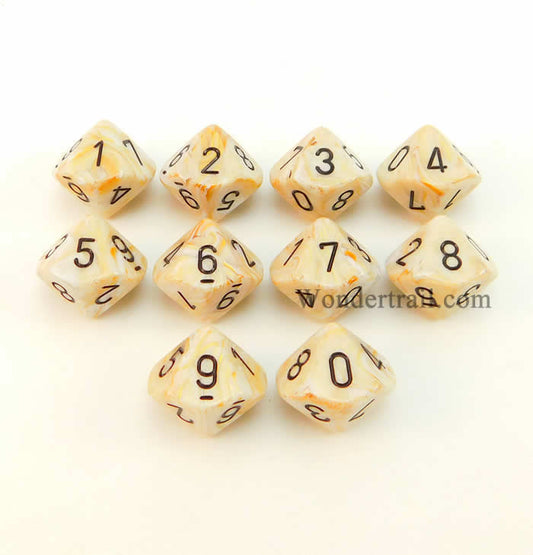 CHX27202 Ivory Marbleized Dice Black Numbers D10 16mm Pack of 10 Main Image