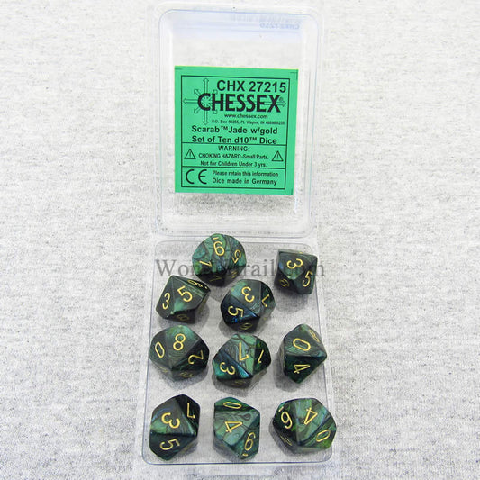 CHX27215 Jade Scarab Dice Gold Numbers D10 16mm (5/8in) Pack of 10 Main Image