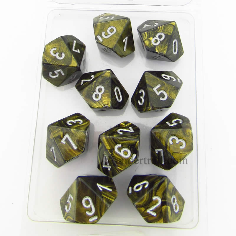 CHX27218 Black Gold Leaf Dice Silver Numbers D10 16mm Pack of 10 Main Image