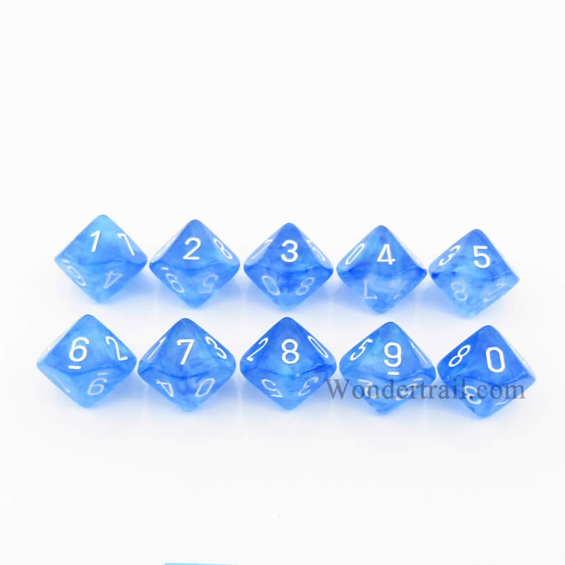 CHX27226 Sky Blue Borealis Dice White Numbers D10 16mm Pack of 10 Main Image