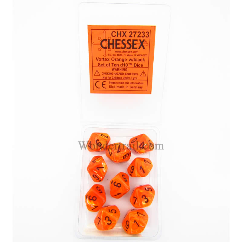 CHX27233 Orange Vortex Dice Black Numbers D10 16mm (5/8in) Pack of 10 Main Image