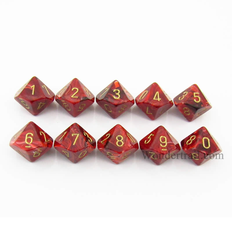 CHX27234 Burgundy Vortex Dice Gold Numbers D10 16mm (5/8in) Pack of 10 Main Image