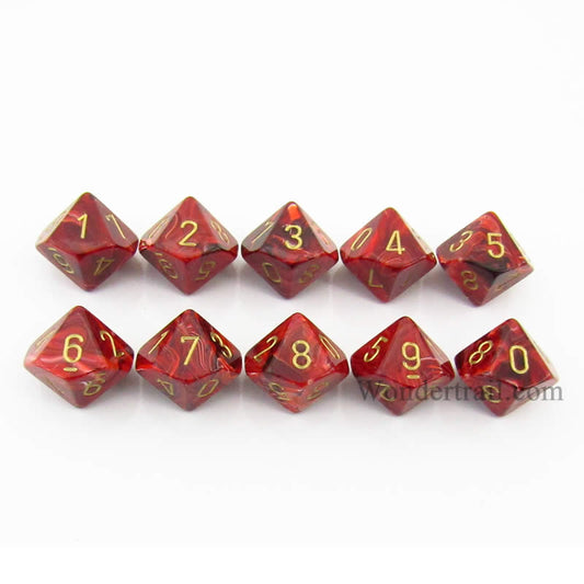 CHX27234 Burgundy Vortex Dice Gold Numbers D10 16mm (5/8in) Pack of 10 Main Image