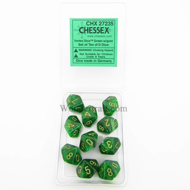CHX27235 Green Vortex Dice Gold Numbers D10 16mm (5/8in) Pack of 10 Main Image