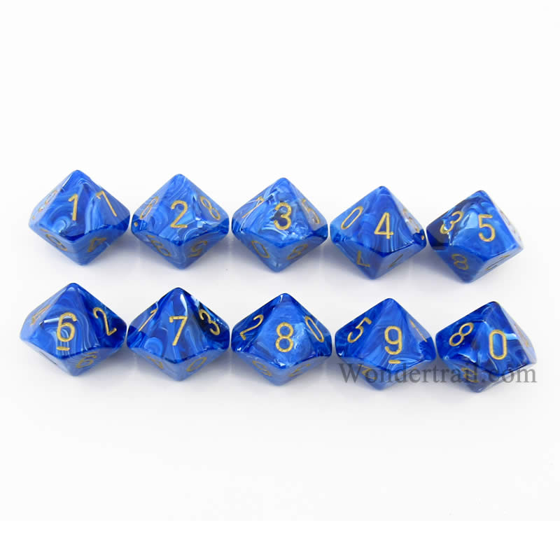 CHX27236 Blue Vortex Dice Gold Numbers D10 16mm (5/8in) Pack of 10 Main Image