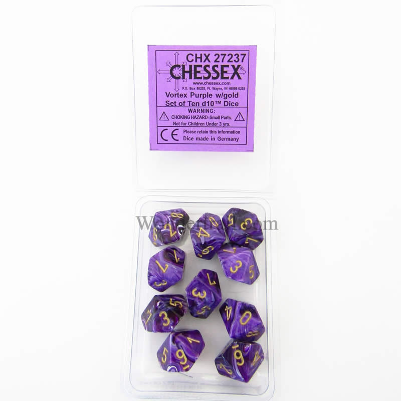 CHX27237 Purple Vortex Dice Gold Numbers D10 16mm (5/8in) Pack of 10 Main Image
