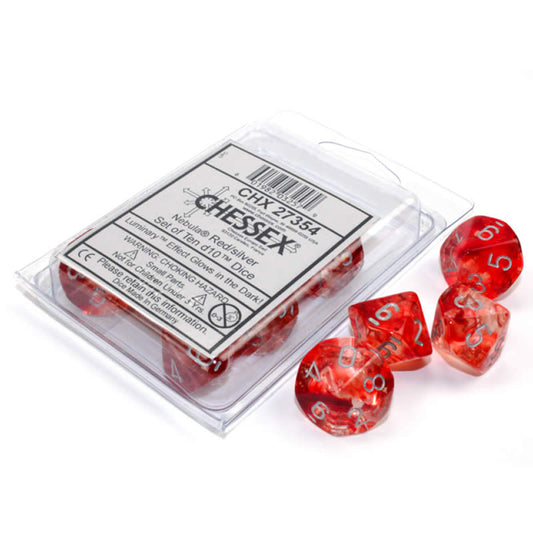 CHX27354 Red Nebula Luminary Dice Silver Numbers D10 16mm Pack of 10 Main Image