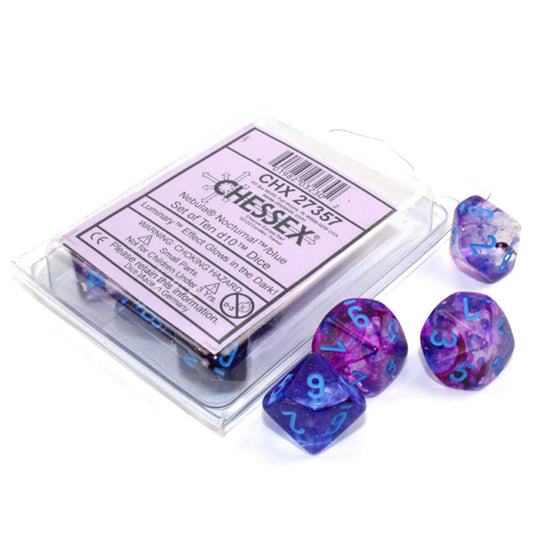 CHX27357 Nocturnal Nebula Luminary Dice Blue Numbers D10 16mm Pack of 10 Main Image