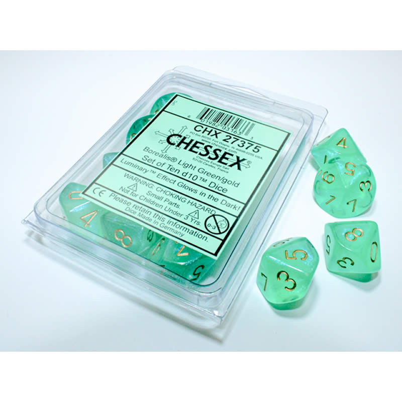 CHX27375 Light Green Borealis Dice Luminary with Gold Numbers D10 16mm (5/8in) Pack of 10 Chessex Main Image