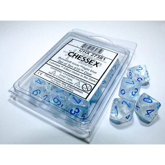 CHX27381 Icicle Borealis Dice Luminary Light Blue Numbers D10 16mm (5/8in) Pack of 10 Chessex Main Image