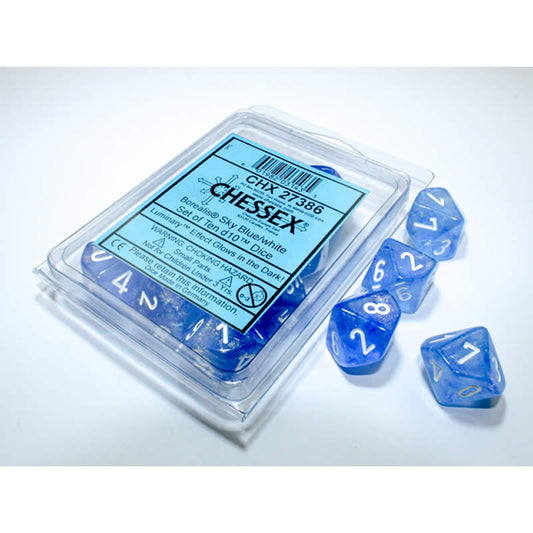 CHX27386 Sky Blue Borealis Dice Luminary White Numbers D10 16mm (5/8in) Pack of 10 Main Image