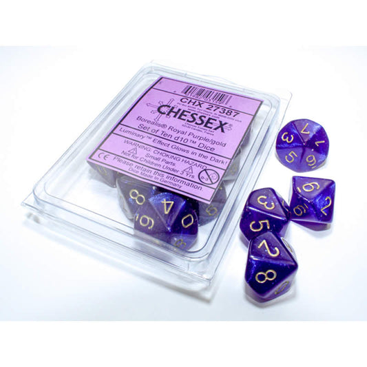 CHX27387 Royal Purple Borealis Dice Luminary Gold Numbers D10 16mm (5/8in) Pack of 10 Main Image
