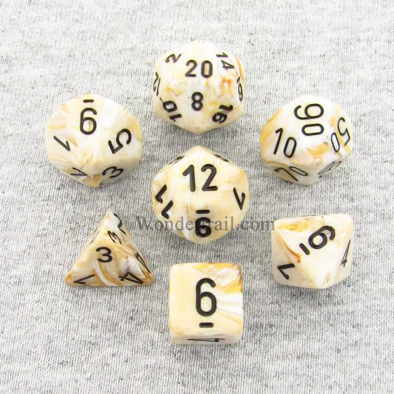 CHX27402 Ivory Marbleized Dice with Black Numbers 16mm (5/8in) Set of 7 Main Image
