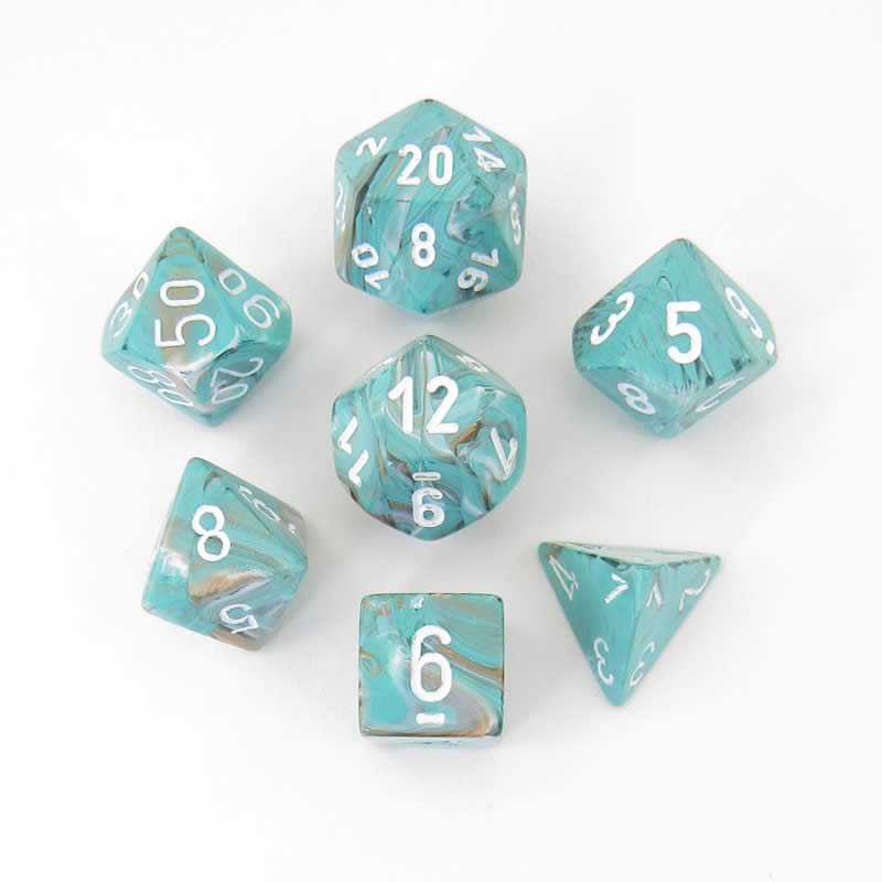 CHX27403 Oxi-copper Marbleized Dice White Numbers 16mm (5/8in) Set of 7 Main Image