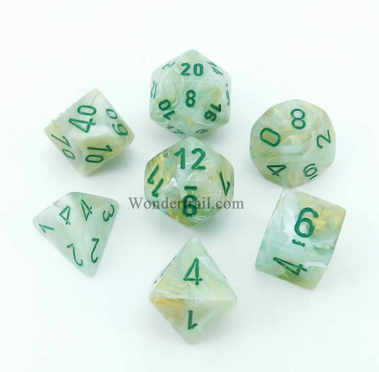 CHX27409 Green Marble Dice with Green Numbers 16mm (5/8in) Set of 7 Main Image