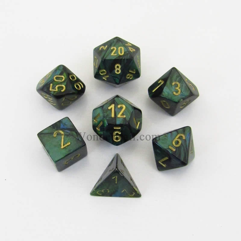 CHX27415 Jade Scarab Dice with Gold Numbers 16mm (5/8in) Set of 7 Main Image