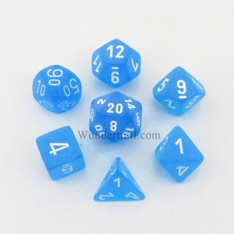 CHX27416 Caribbean Blue Frosted Dice White Numbers 16mm (5/8in) Set of 7 Main Image