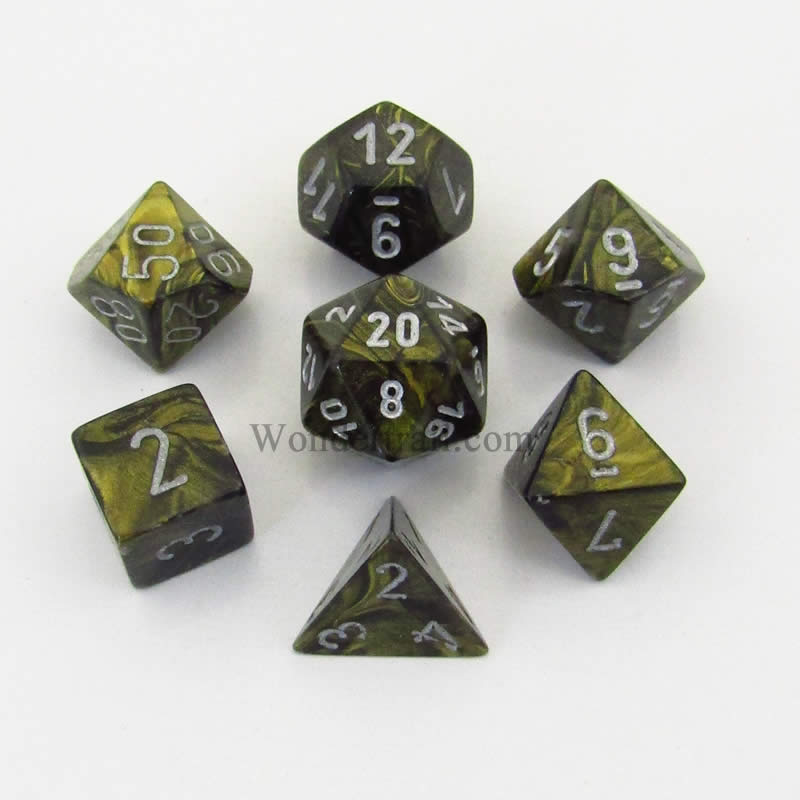 CHX27418 Black Leaf Dice with Silver Numbers 16mm (5/8in) Set of 7 Main Image