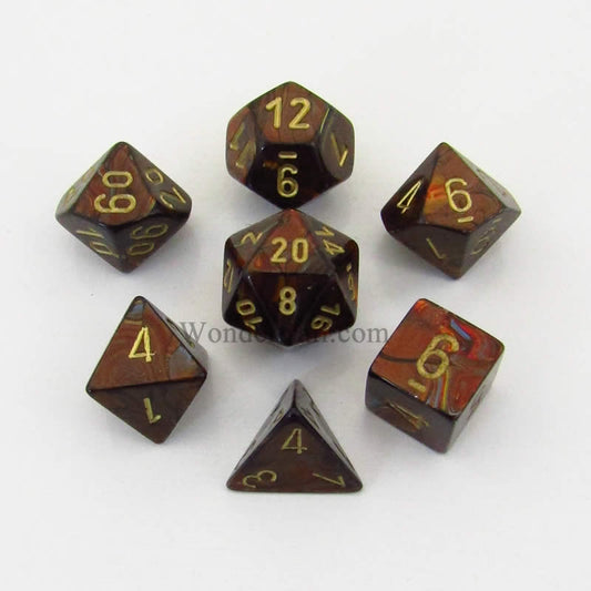 CHX27419 Blue Blood Scarab Dice with Gold Numbers 16mm (5/8in) Set of 7 Main Image