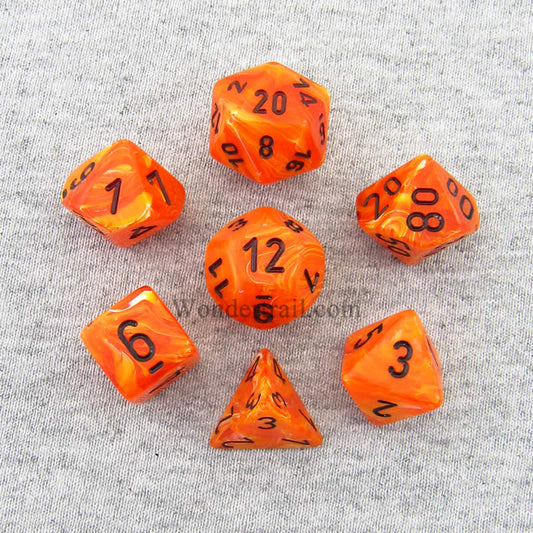 CHX27433 Orange Vortex Dice with Black Numbers 16mm (5/8in) Set of 7 Main Image