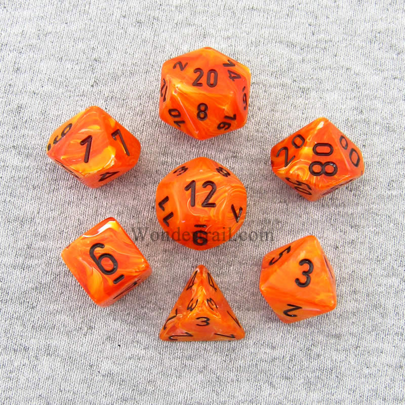 CHX27433 Orange Vortex Dice with Black Numbers 16mm (5/8in) Set of 7 Main Image