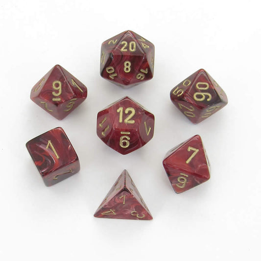 CHX27434 Burgundy Vortex Dice with Gold Numbers 16mm (5/8in) Set of 7 Main Image