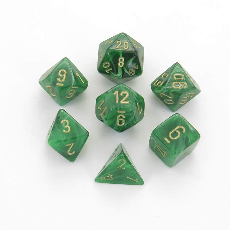 CHX27435 Green Vortex Dice with Gold Numbers 16mm (5/8in) Set of 7 Main Image