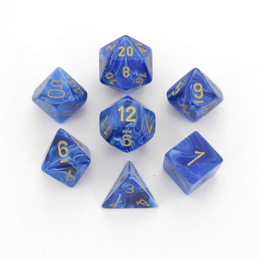 CHX27436 Blue Vortex Dice with Gold Numbers 16mm (5/8in) Set of 7 Main Image