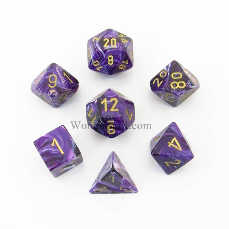 CHX27437 Purple Vortex Dice with Gold Numbers 16mm (5/8in) Set of 7 Main Image