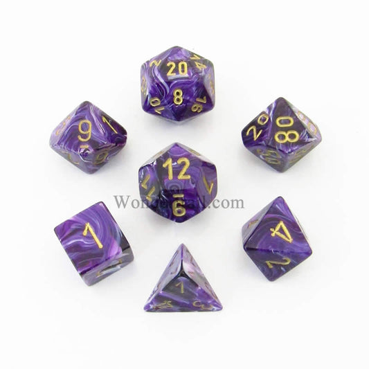 CHX27437 Purple Vortex Dice with Gold Numbers 16mm (5/8in) Set of 7 Main Image