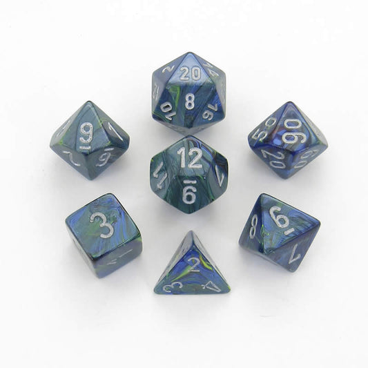 CHX27445 Green Festive Dice with Silver Numbers 16mm (5/8in) Set of 7 Main Image