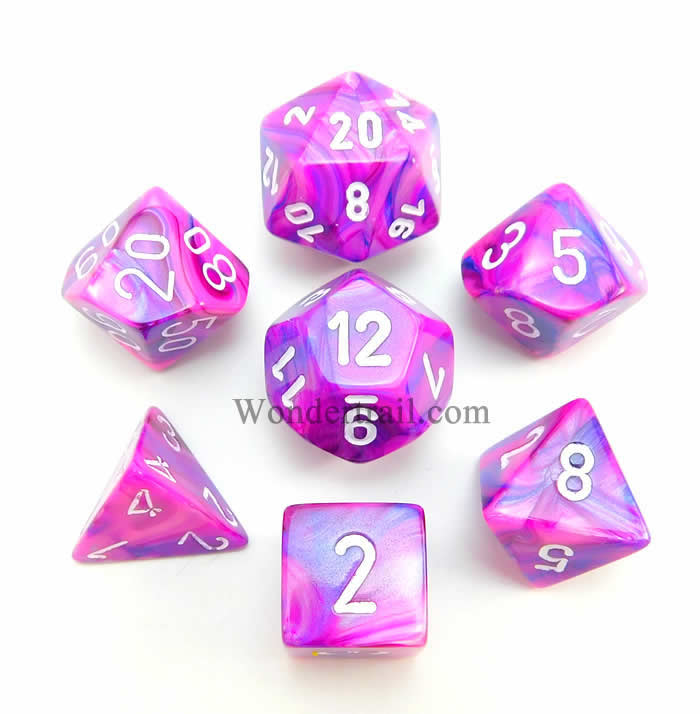 CHX27457 Violet Festive Dice with White Numbers 16mm (5/8in) Set of 7 Main Image