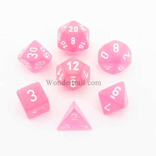 CHX27464 Pink Frosted Dice with White Numbers 16mm (5/8in) Set of 7 Main Image