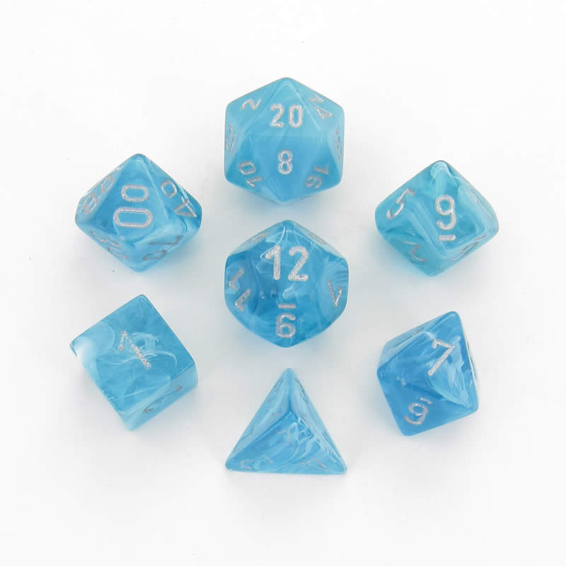 CHX27465 Aqua Cirrus Dice with Silver Numbers 16mm (5/8in) Set of 7 Main Image