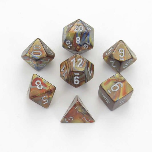 CHX27493 Gold Lustrous Dice with Silver Numbers 16mm (5/8in) Set of 7 Main Image