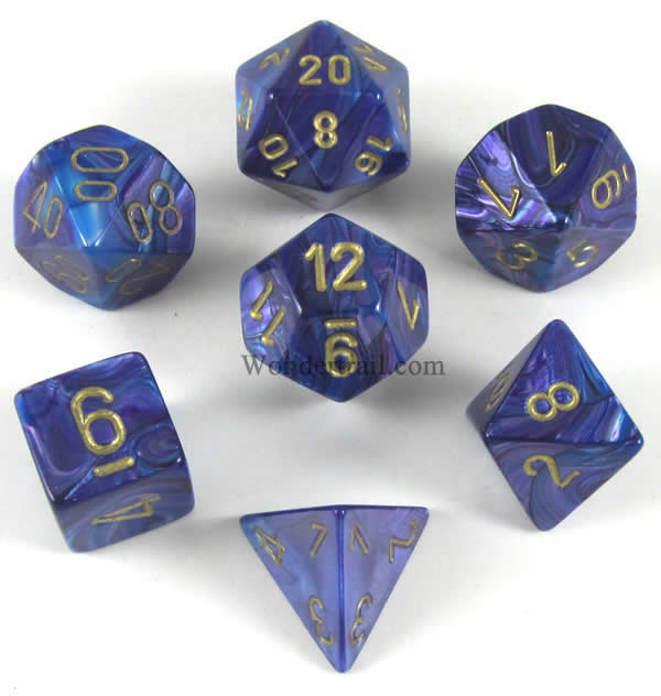 CHX27497 Purple Lustrous Dice with Gold Numbers 16mm (5/8in) Set of 7 Main Image